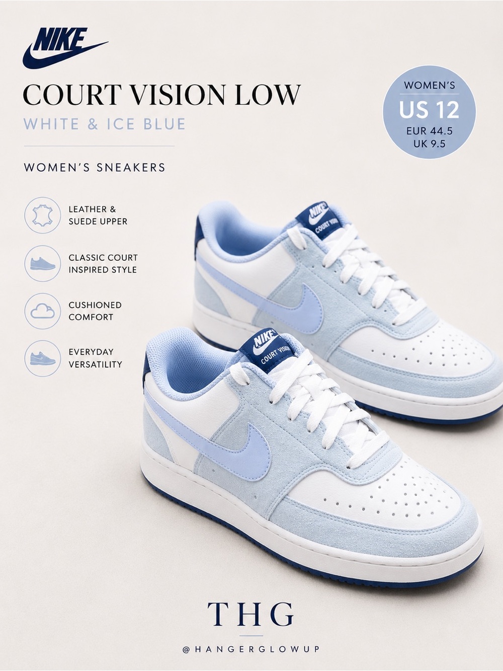 Nike Court Vision Low White Ice Blue Sneakers women 12 New